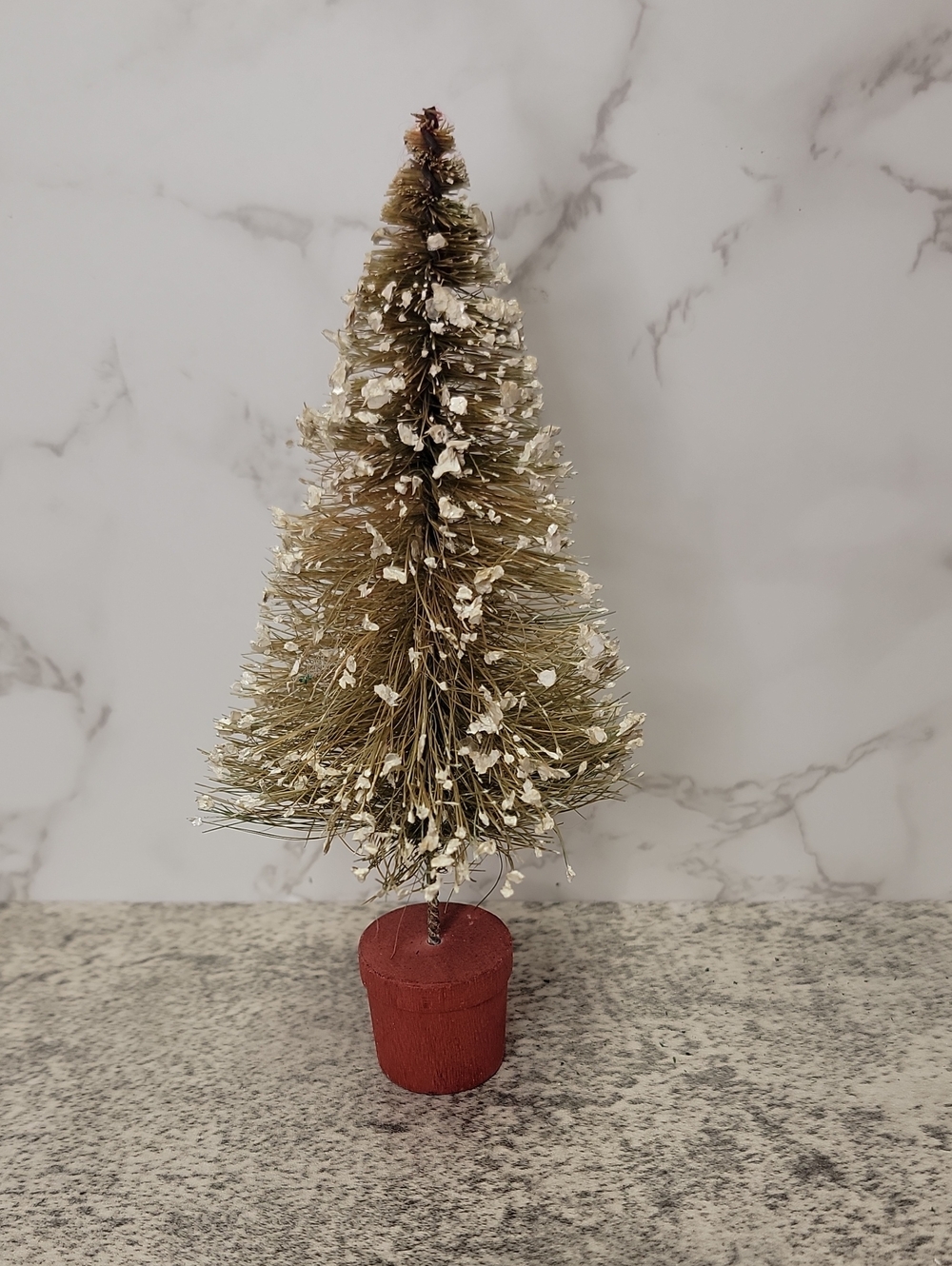 Vintage MCM Bottle Brush Tree with Red Wood Base and Snow Flocking